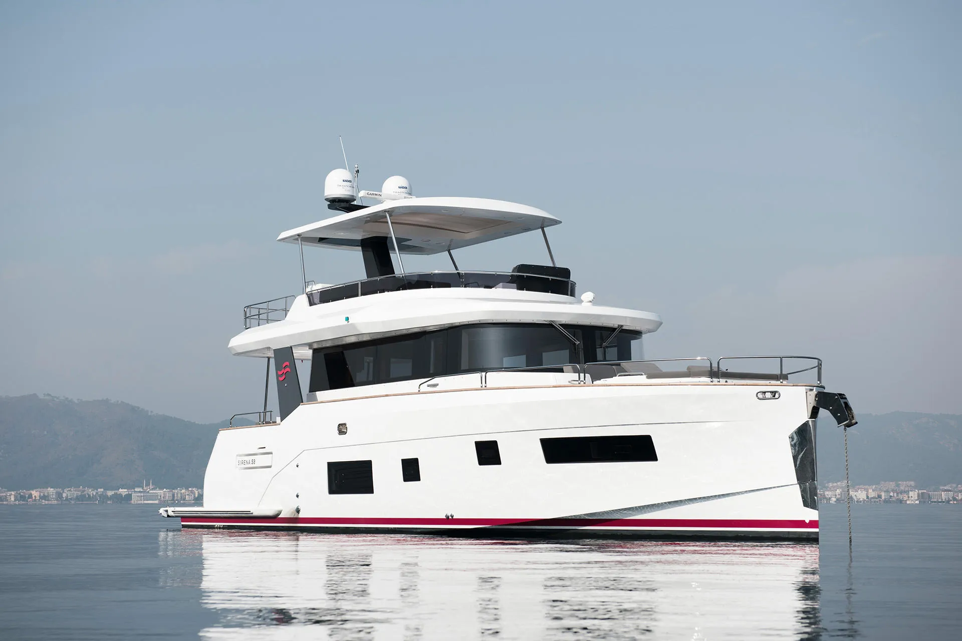 The Sirena 58 at anchor in a calm bay